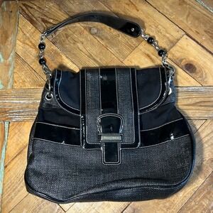 White House Black Market Black Woven‎ Shoulder Bag Beaded Handle Purse